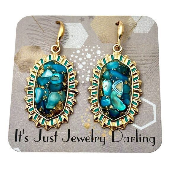 Gold Tone Faux Blue Turquoise Pierced 2 Inch Earrings Trendy Southwest Style - Picture 2 of 7